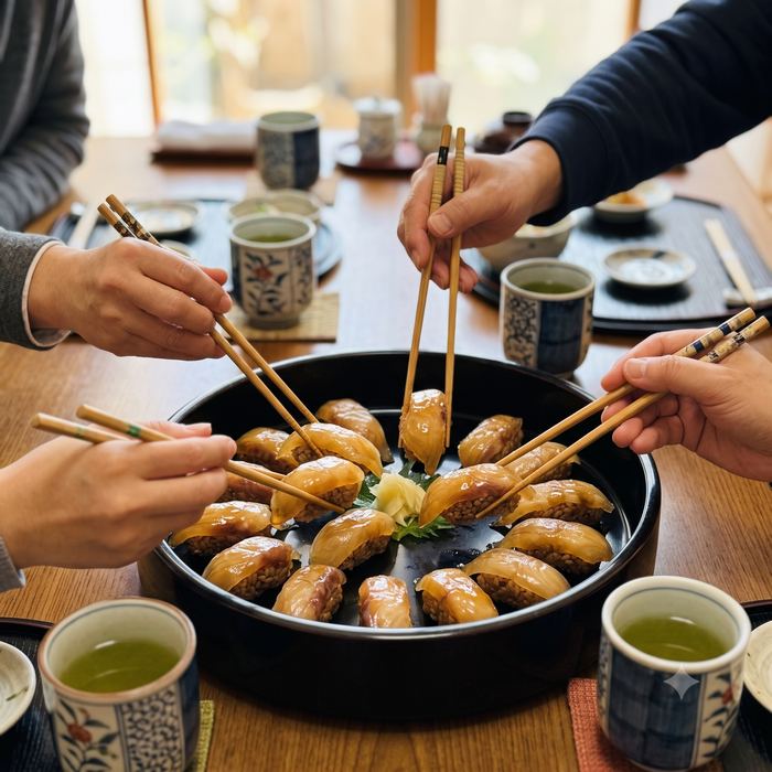 完成したべっこう寿司の大皿をみんなで囲んで実食